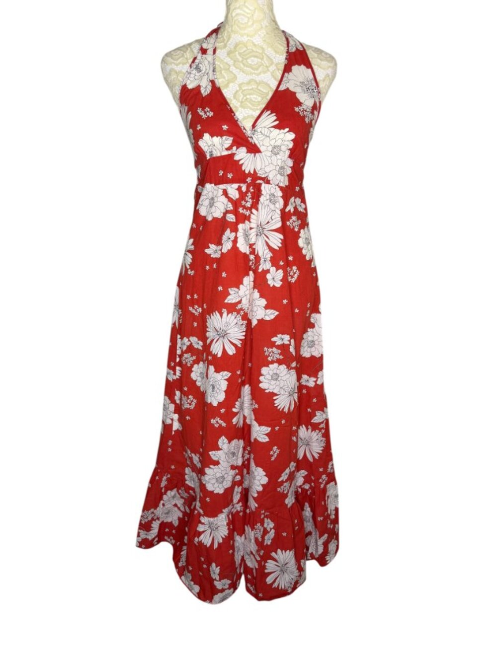 Salt & Pepper Halter Dress Fit Flare Tie Back Floral Red White Black S